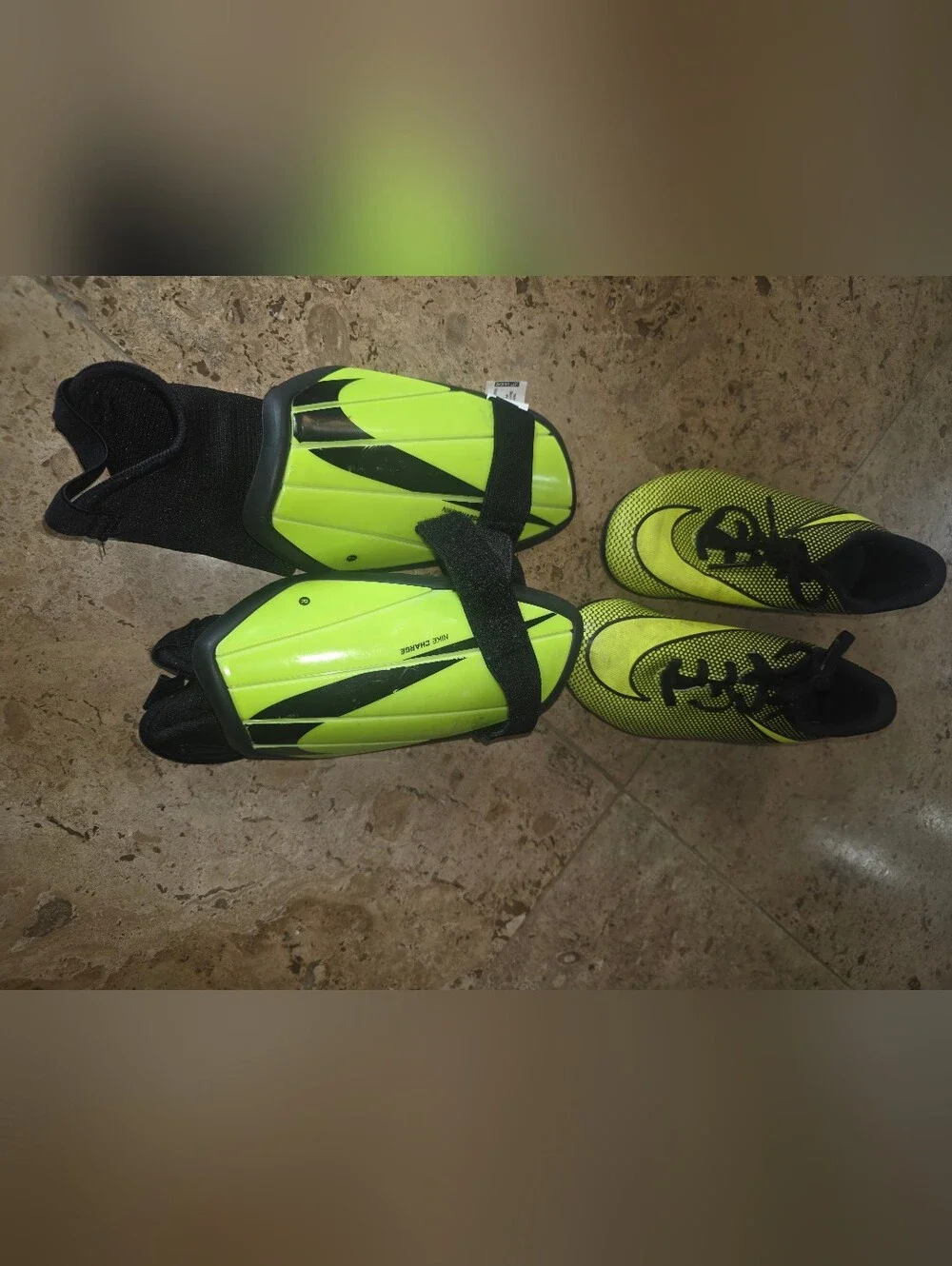 Nike Neon Yellow and Black Soccer Shin Guards with Straps | Size 12C